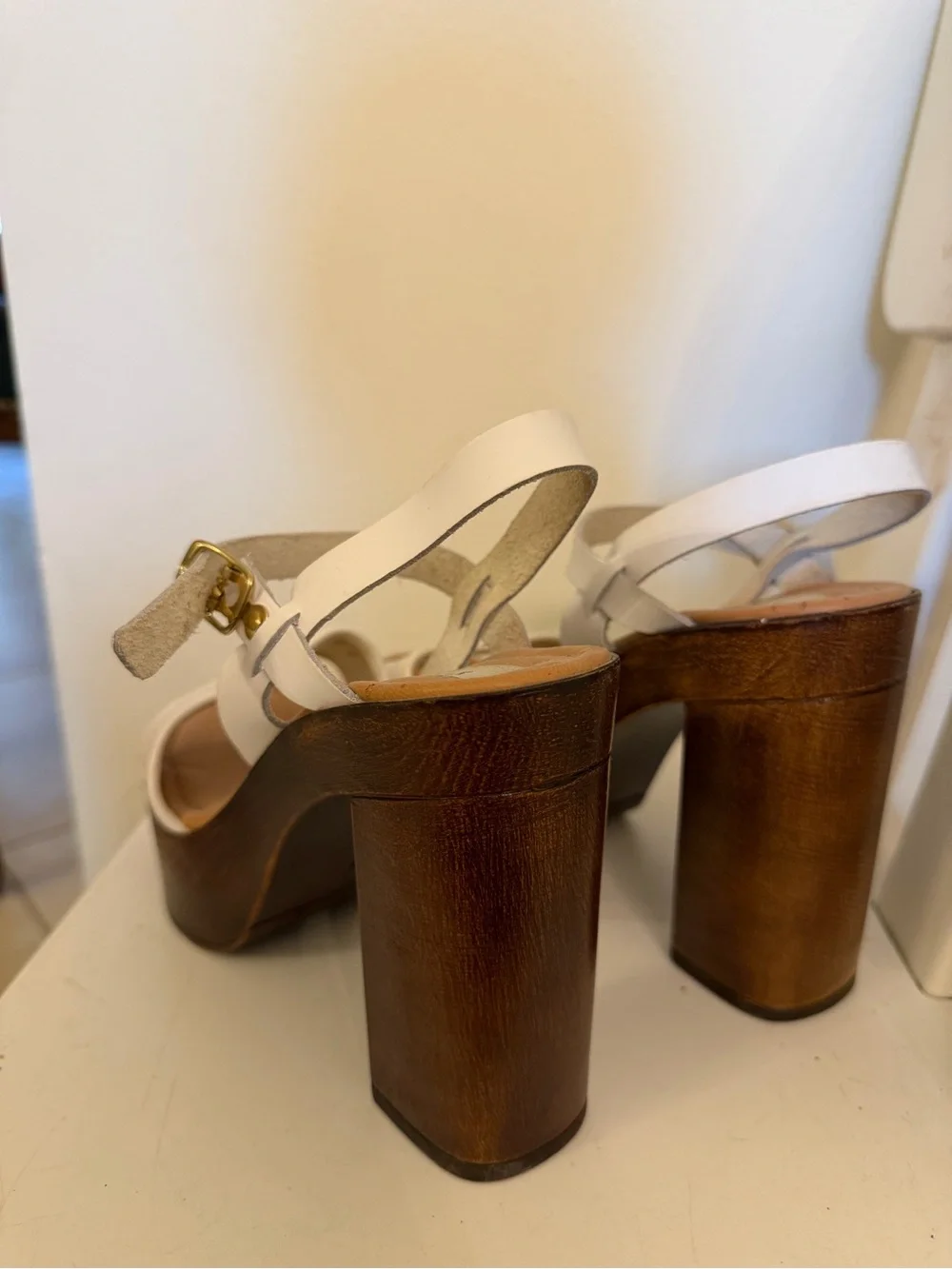 White Leather Platform Sandals with Wood-Effect Block Heel